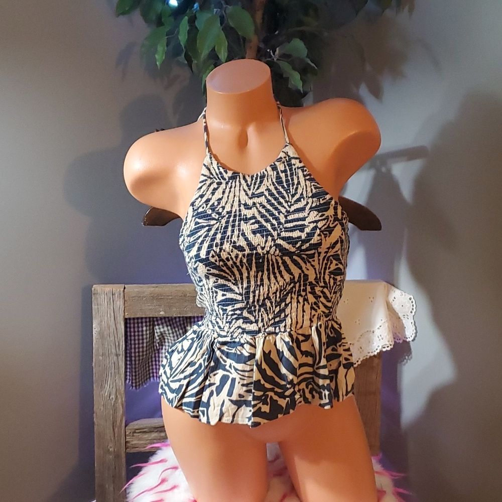 Patrons of Peace Navy & Cream Halter Peplum Camisole
